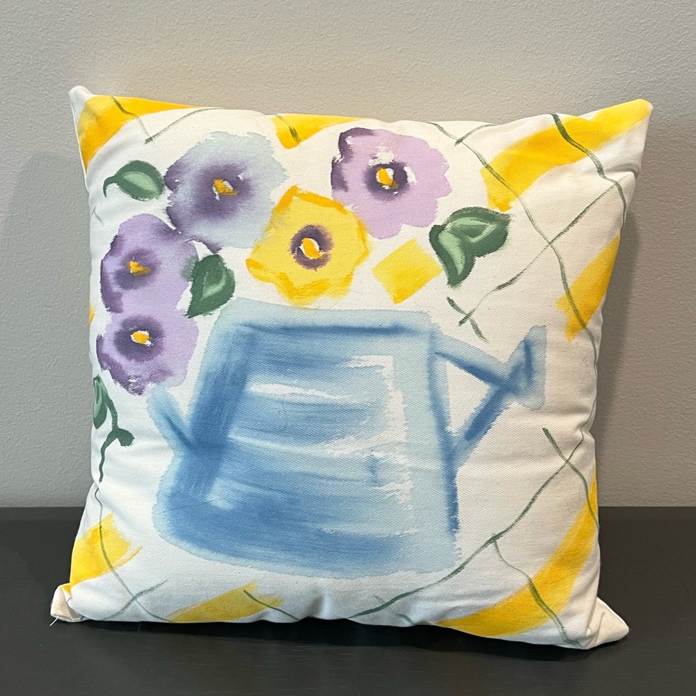 Paintworks Hand Painted Pillow Watering Can and Pansies 14”